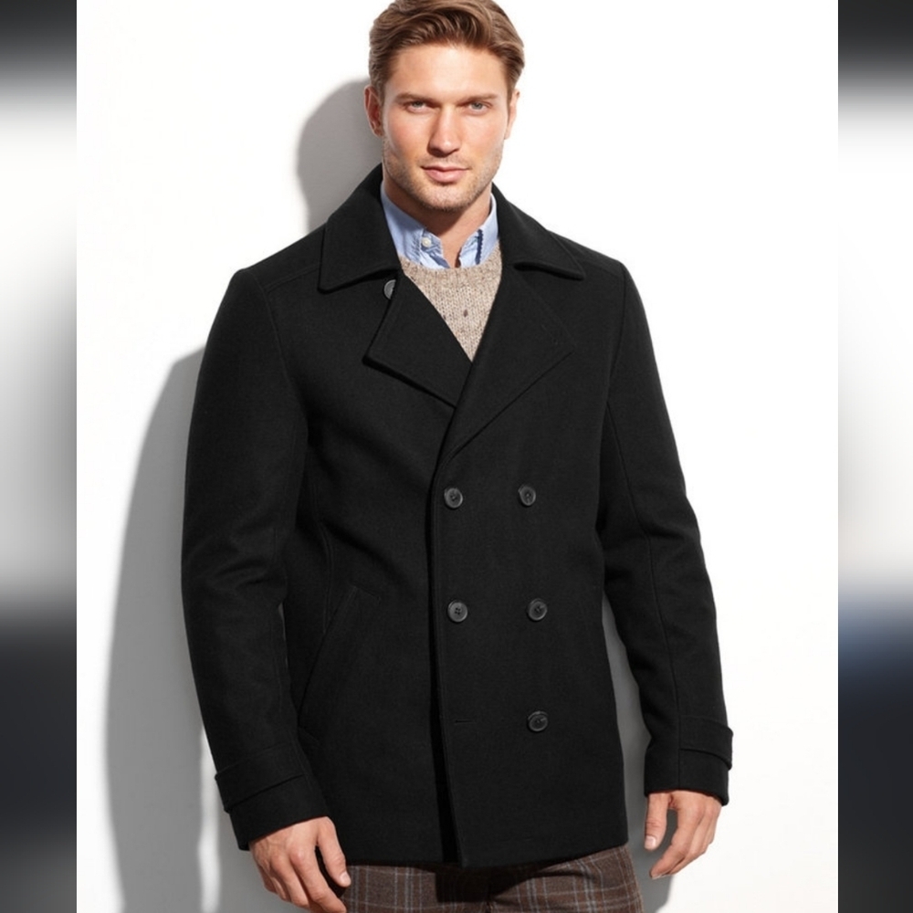 CALVIN KLEIN MUZIO MEN'S DOUBLE BREASTED BLACK WOOL BLEND PEA COAT, 38 R M Fit